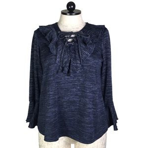 Blue Ruffle Lace Up Silver Grommet Collar Bell Sleeve 1X